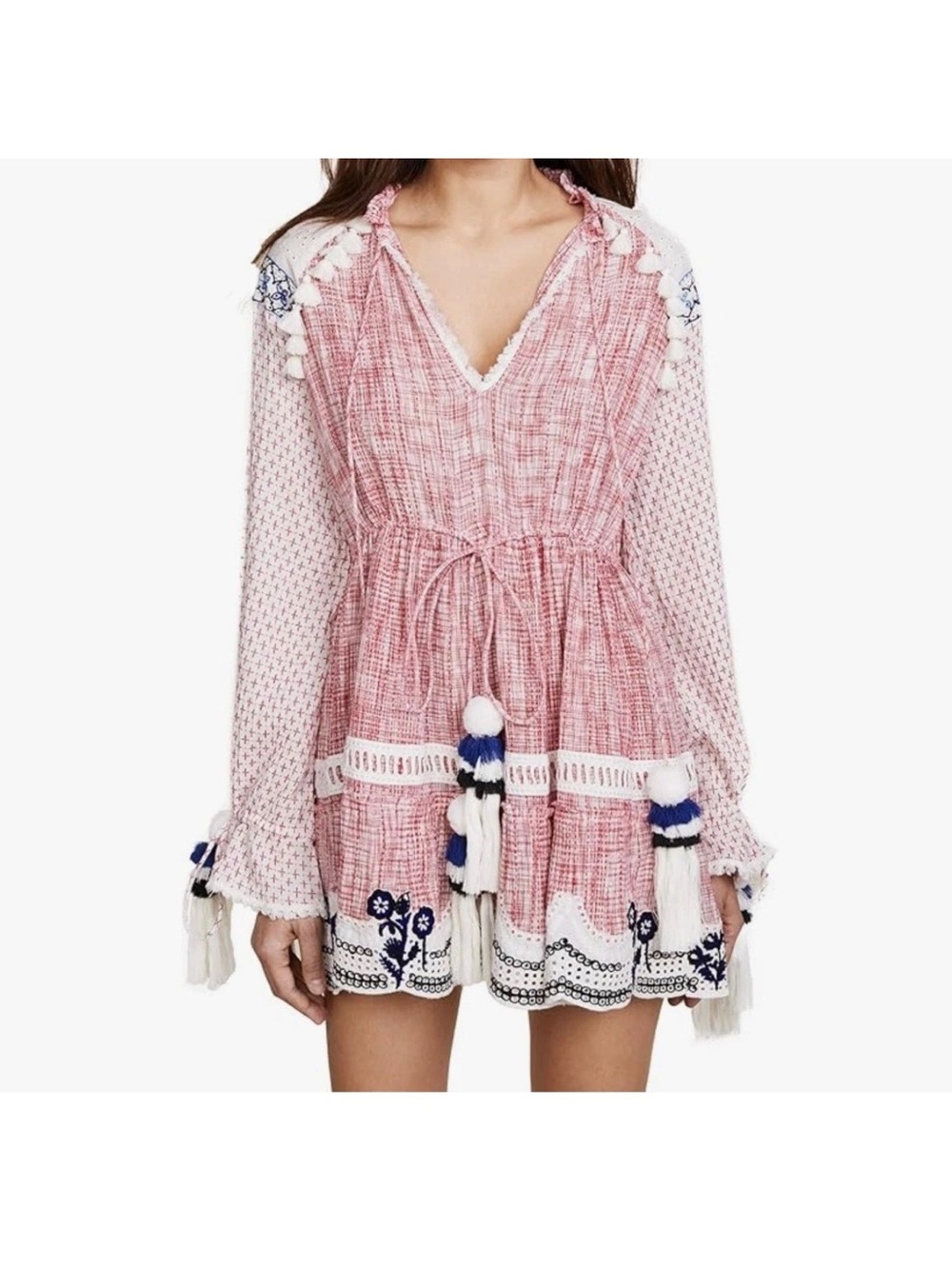 Hemant & Nandita Revolve Boho Eyelet Tasseled Mini Dress Women's XS Pink White